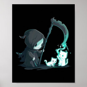 Póster Cuto Grim Reaper Skeleton Con Gato Fantasma Kawaii