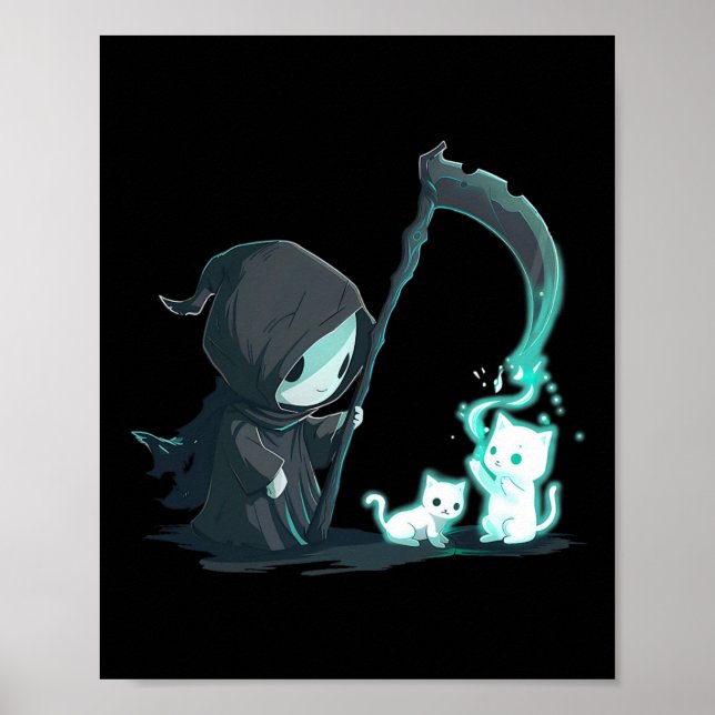 Póster Cuto Grim Reaper Skeleton Con Gato Fantasma Kawaii (Frente)