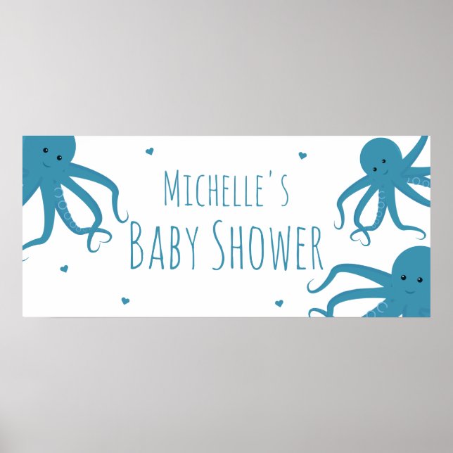 Póster Cuto Octopus nombre azul ancho Baby Shower (Frente)