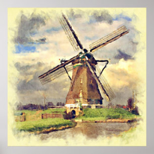 Póster Cuto Rústico Vintage Holandés Windmill Watercolor