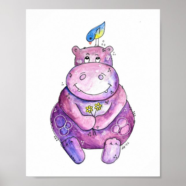 Póster Cuto Whimsical Purple Hippo (Frente)