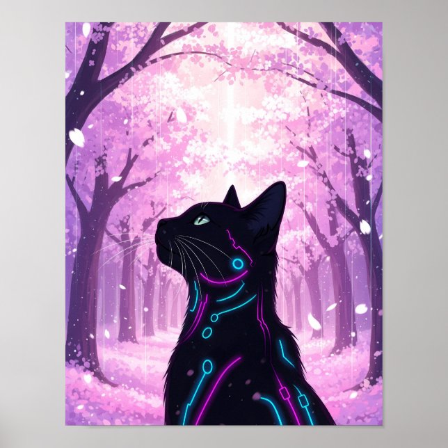 Póster Cyber Cat de medianoche | Bosque de flores de cere (Frente)