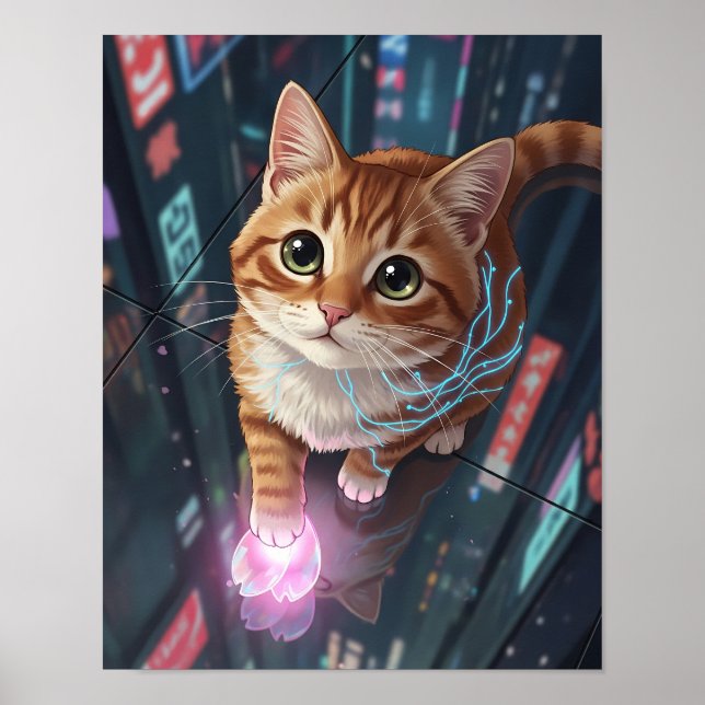 Póster Cyber Cat Neon City | Línea urbana de Tabby (Frente)