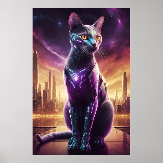 Póster Cyber Cat Poster - Futurista Muro felino de cienci (Frente)