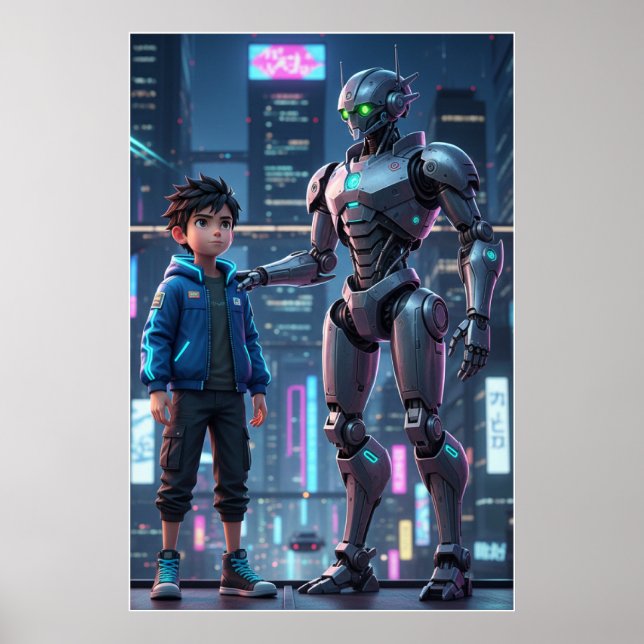 Póster Cyber Guardian | Sci-Fi Robot & Kid Art Poster (Frente)
