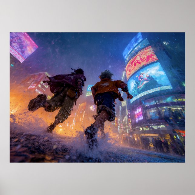 Póster Cyberpunk Anime Warriors Rain Fight (Frente)