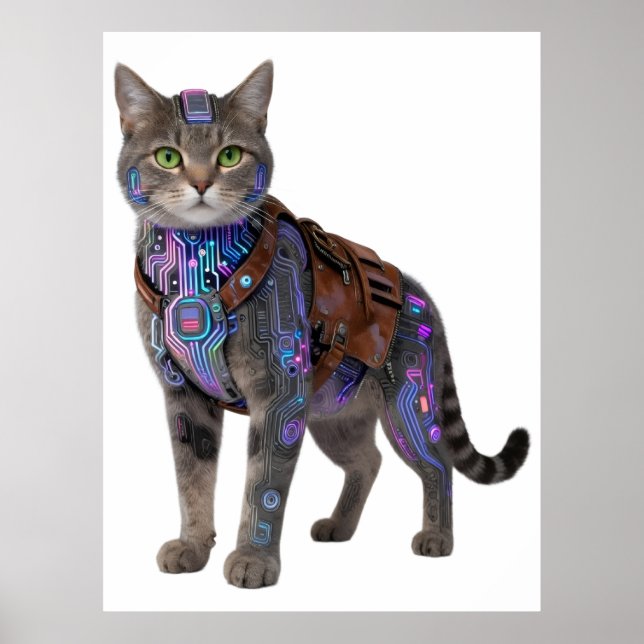 Póster Cyberpunk Circuit Cat – Neon Tech Beast (Frente)