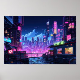 Póster Cyberpunk City Night Cafe