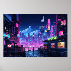 Póster Cyberpunk City Night Cafe