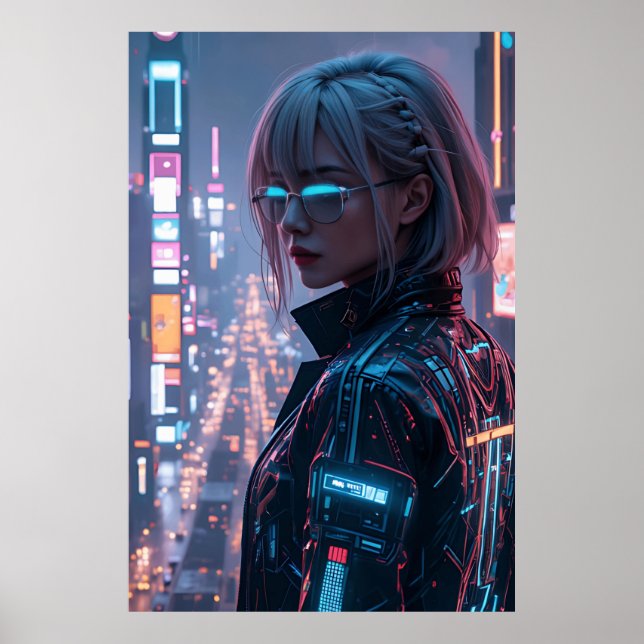 Póster Cyberpunk Cityscape Poster Futurista Hembra Hacke (Frente)