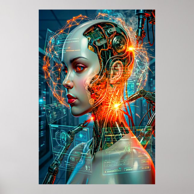 Póster Cyberpunk Female Cyborg Neon Sci-Fi Tech Art (Frente)