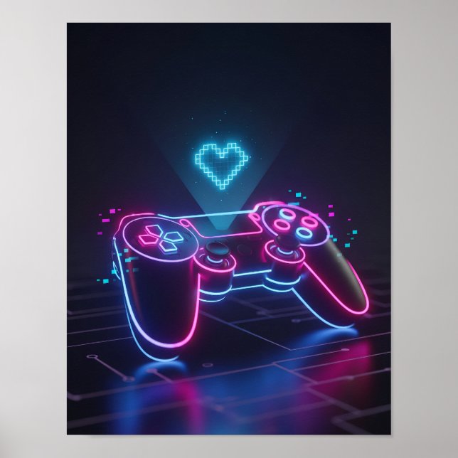Póster Cyberpunk Gaming Controller – Neon Pixel Heart (Frente)
