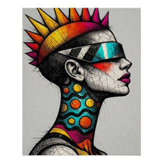 Póster Cyberpunk Mohawk Woman Portrait