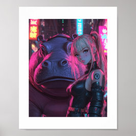 Póster Cyberpunk Moodengcoin Waifu y Hippo Crypto Poster