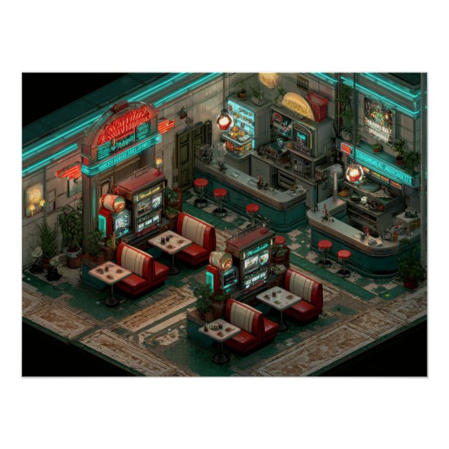Póster Cyberpunk Neon Diner Isometric Art (Anverso)