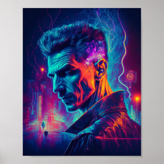 Póster Cyberpunk Nikola Tesla en la ciudad