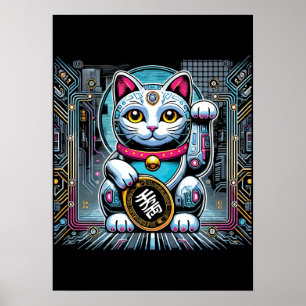 Póster Cyberpunk Robot Maneki Neko Lucky Cat, Dinero