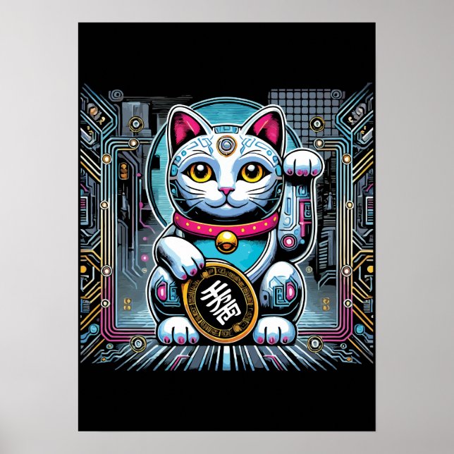 Póster Cyberpunk Robot Maneki Neko Lucky Cat, Dinero (Frente)