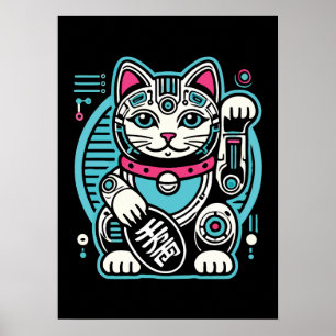 Póster Cyberpunk Robot Maneki Neko Lucky Cat, Dinero