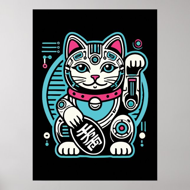 Póster Cyberpunk Robot Maneki Neko Lucky Cat, Dinero (Frente)