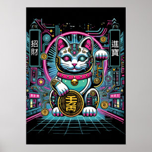Póster Cyberpunk Robot Maneki Neko Lucky Cat, Dinero