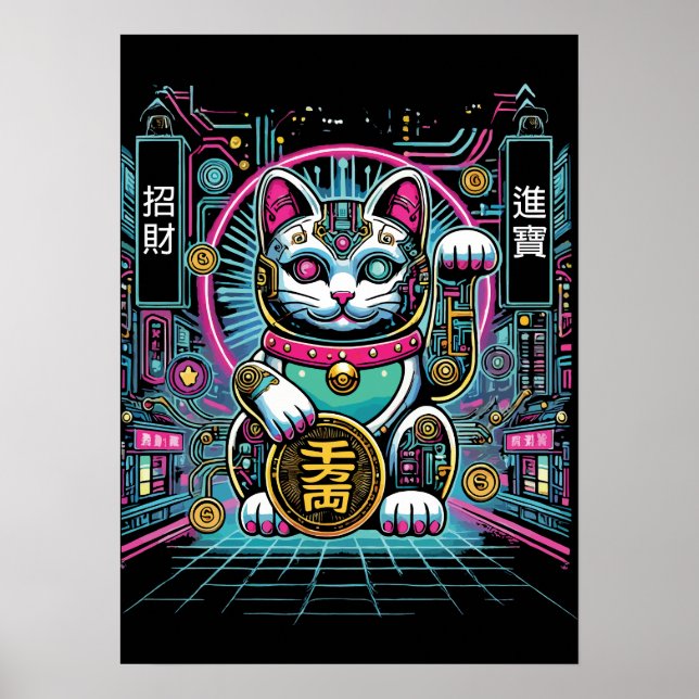 Póster Cyberpunk Robot Maneki Neko Lucky Cat, Dinero (Frente)