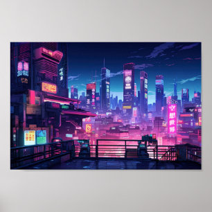 Póster Cyberpunk Rooftop Tokyo