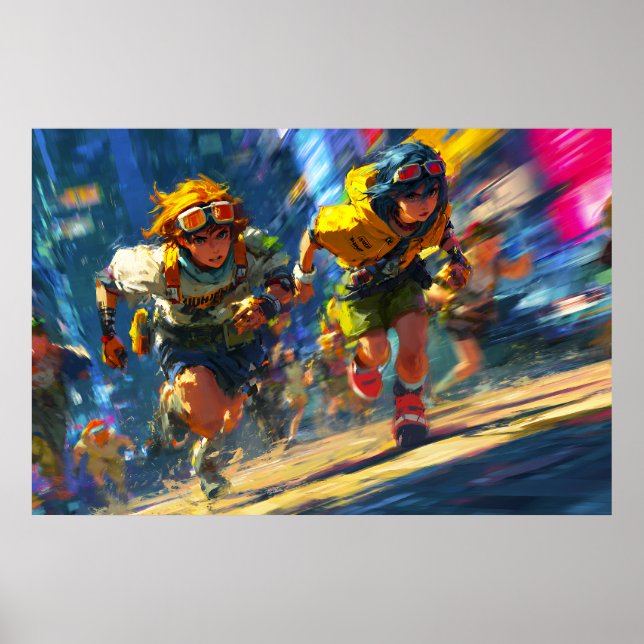 Póster Cyberpunk Runners Sprint Neon Rain City Action Art (Frente)