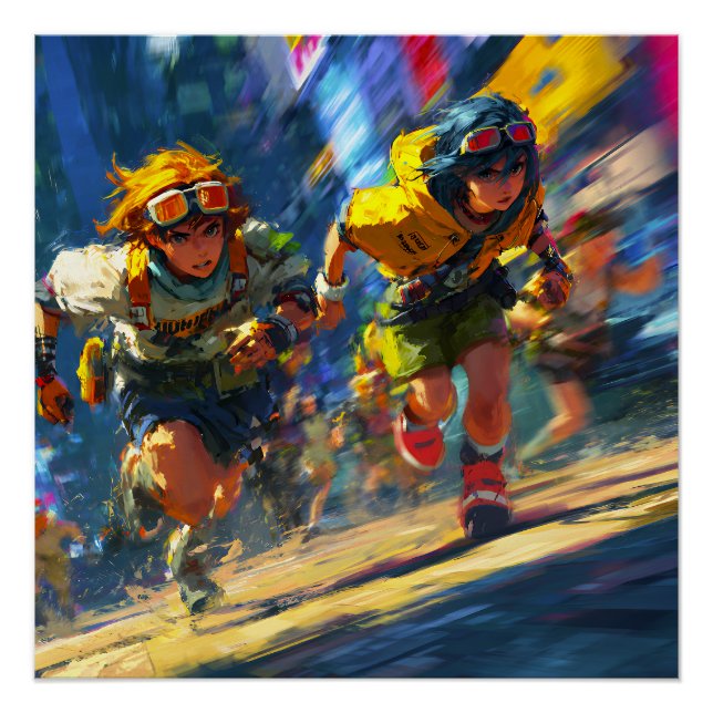 Póster Cyberpunk Runners Sprint Neon Rain City Action Art (Anverso)