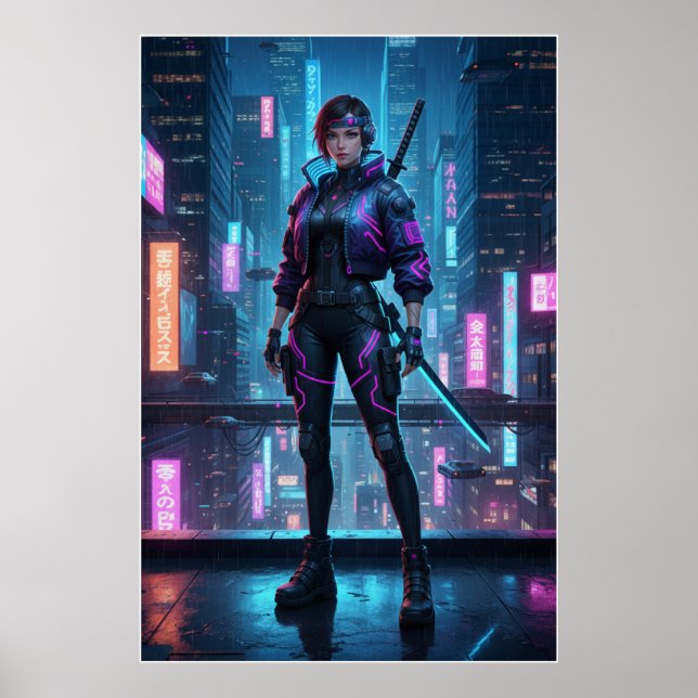 Póster Cyberpunk Samurai Girl | Neon City Warrior Poster (Frente)