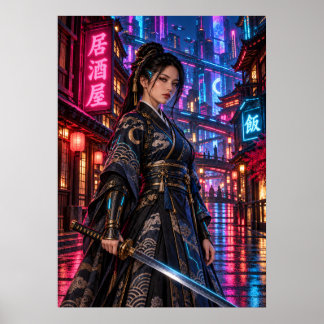 Póster Cyberpunk Samurai Woman Japanese Neon Wall Art