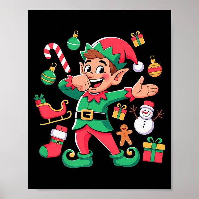 Póster Dabbing Elf Santa Sleigh Snowman Funny Dabbing Chr (Frente)