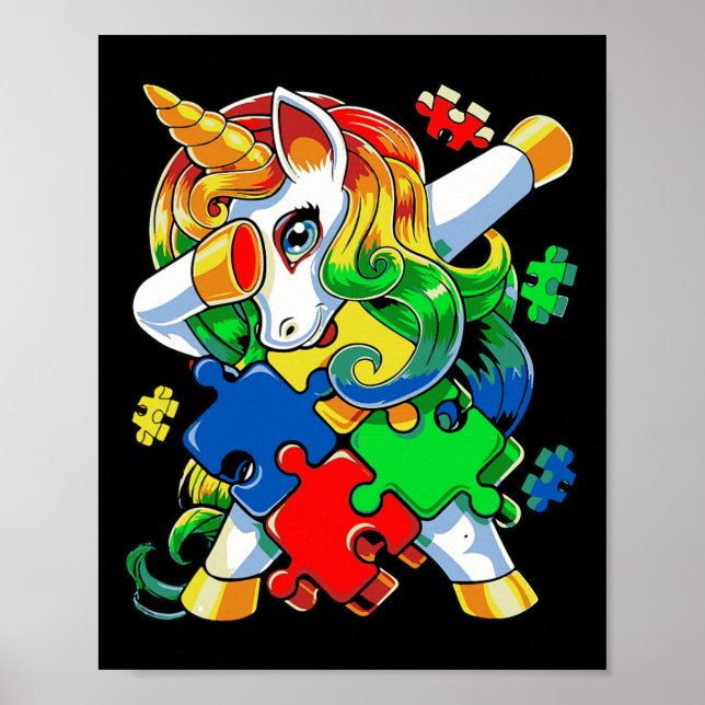 Póster Dabbing Unicorn Pieza de rompecabezas Autismo Cuid (Frente)