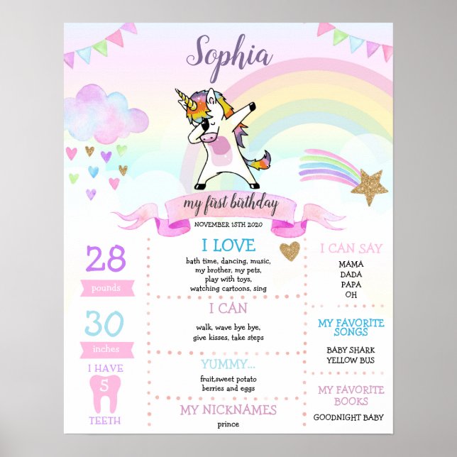 Póster Dabbing Unicorn Primer hito de cumpleaños (Frente)