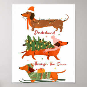 Póster Dachshund a través de la nieve Feliz Navidad Dachs