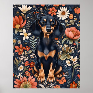 Póster Dachshund Adorable Rodeado de Flores Vibrantes