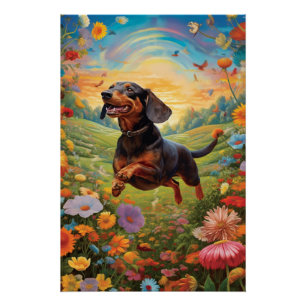 Póster Dachshund Bailando Con Una Mariposa Colorida
