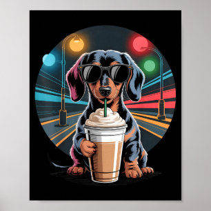 Póster Dachshund bebiendo café con hielo animal perro mem