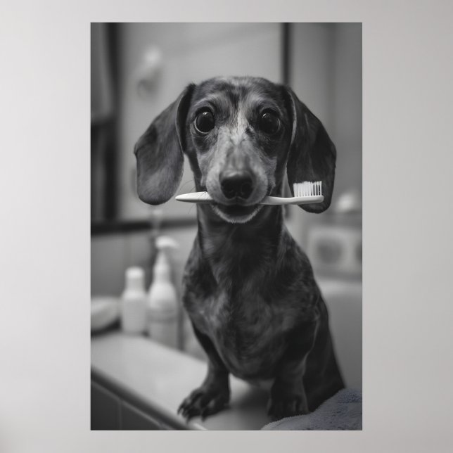 Póster Dachshund Brushing Teeth Print, Funny Bathroom Dog (Frente)