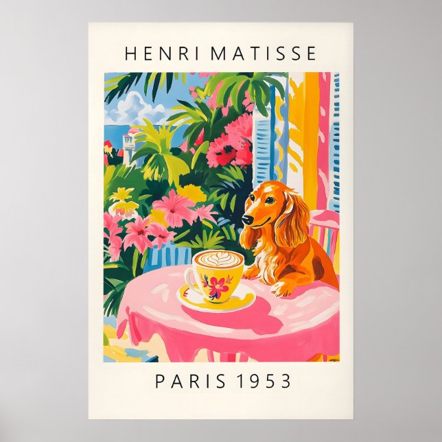 Póster Dachshund Coffee Print Matisse Style Pink Kitchen (Frente)