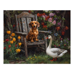 Póster Dachshund con ganso en un jardín