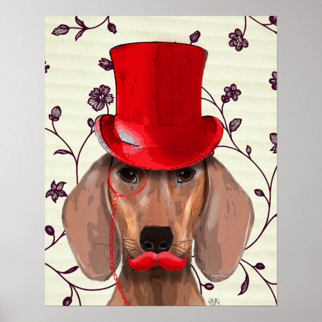 Póster Dachshund con sombrero rojo superior (Frente)