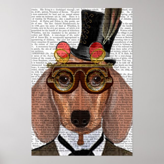 Póster Dachshund con sombrero superior y gafas (Frente)