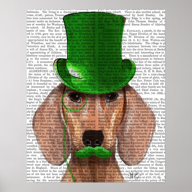 Póster Dachshund con sombrero verde superior y bigote (Frente)
