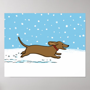 Póster Dachshund de la nieve - perro feliz de la