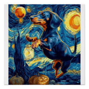 Póster Dachshund de la noche estrellada de Van Gogh Hallo