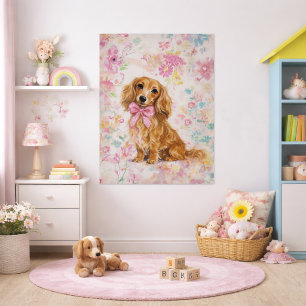 Póster Dachshund de Pelo Largo Aquarela Floral Pastel