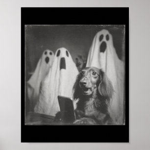 Póster Dachshund Divertido Selfie Embrujada Halloween Esp