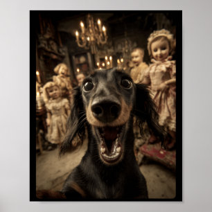 Póster Dachshund Divertido Selfie Y Muñecas Halloween Esp