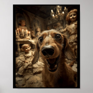 Póster Dachshund Divertido Selfie Y Muñecas Halloween Esp